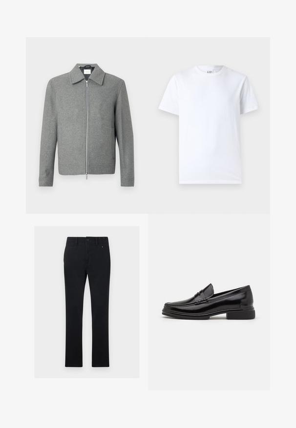 Grå langærmet uldjakke med sølvfarvet lynlås foran og klassisk krave, præsenteret på en hvid baggrund.; Hvid bomulds t-shirt med rund halsudskæring og korte ærmer. Enkel design uden mønstre eller grafik, med GAP branding på kraven.; Sorte bomuldsbukser med lige snit, der har knap- og lynlåsclosure, fem lommer og diskrete syninger.; Sorte læder loafers med en rund tå, der har en syet detalje over vristen og en lav blokhæl. Glat tekstur og blank finish.