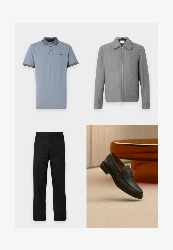 Grijze lange mouw woljas met een zilveren rits aan de voorkant en een klassieke kraag, weergegeven op een witte achtergrond.; Polo shirt in lichtblauw katoen, met een contrasterende kraag met marineblauwe accenten, een placket met twee knopen en een klein logo op de borst.; Zwarte katoenen broek met rechte snit, knoopsluiting en riemlussen met minimale stikdetails.; Zwarte leren herensloffen met een band over de bovenkant, getoond op een beige tapijt vlakbij een bruine moderne ronde tafel.