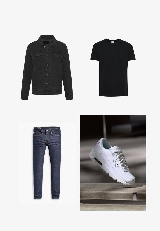 Denim Project DPMKASH DENIM JACKET - Cowboyjakker - grey; Sort T-shirt med korte ærmer og rund hals, vist mod en hvid baggrund, uden synlige logoer eller mønstre.; Mørkeblå slim-fit Levi's Performance jeans med fem lommer og synlig syning på hvid baggrund.; Hvide lædersneakers med teksturerede overflader, polstret krave og synlig luftpolstring i sålen. Har snørrebånd og et minimalistisk design.