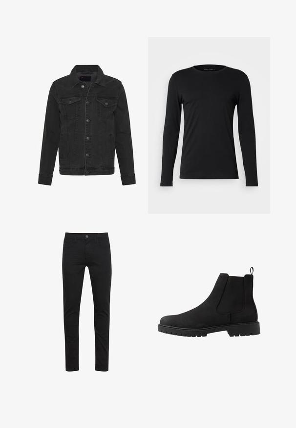 Denim Project DPMKASH DENIM JACKET - Jeansjacke - grey; Schwarzes Langarm-T-Shirt aus weichem Stoff. Mit Rundhalsausschnitt und figurbetonter Silhouette, ohne sichtbare Grafiken oder Verzierungen.; Schwarze Skinny-Jeans aus leichtem Stoff, mit einem Frontknopfverschluss, fünf Taschen und dezenten Nahtdetails.; Pier One by Zalando UNISEX - Stiefelette - black