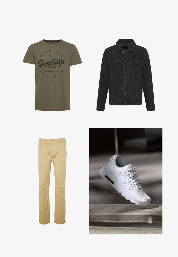 Denim Project DPMKASH DENIM JACKET - Denimová bunda - grey; Olive zelené bavlnené tričko s okrúhlym výstrihom, s čiernym potlačeným textom: "Originál č. 1 Dedičstvo Zmes Uplatnite svoje práva" v okrúhlom dizajne.; Béžové bavlnené chinos s rovnými nohavicami, s hladkým zipsom, gombíkovým zapínaním a prednými vreckami. Hladká textúra s minimálnym zdobením.; Biele tenisky Nike Air Max 90 s vrchnou časťou z kože a sieťoviny, perforovanou špičkou a viditeľnou vzduchovou jednotkou v päte.
