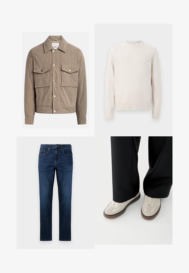Veste en velours côtelé beige avec un devant à boutons, deux poches poitrine et une texture côtelée. Comprend des boutons-pression en métal et un col.; Pull crème avec un col rond, des poignets et un ourlet côtelés. Texture douce avec un design simple et épuré et des manches raglan.; Jeans en denim bleu foncé avec une coupe droite, comportant cinq poches, des détails de couture et une fermeture à boutons classique.; Pieds portant des baskets beige avec des semelles marron et un pantalon noir à jambes larges sur fond blanc.