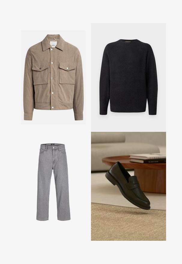En tan corduroyjakke med knaplukning foran, to brystlommer og ribbet tekstur. Den har metaltrykknapper og en krave.; Sort strikket sweater med rund hals, ribbet tekstur og lange ærmer. Simpelt design uden synlige logoer eller udsmykninger.; Grå denimbukser med en afslappet, løs pasform. Har et traditionelt fem-lomme design og en knaplukning i taljen.; Sort læderloafer vist i luften over en beige vævet tæppe, med et træbord og stablede bøger i et blødt oplyst stue.