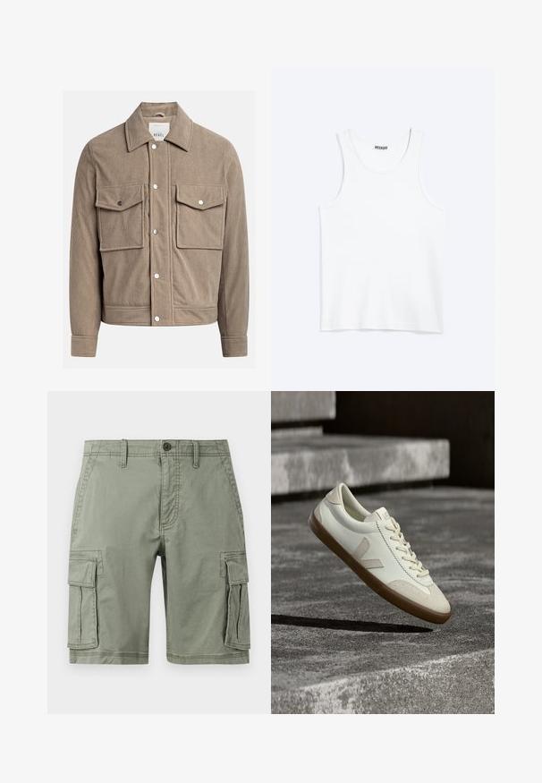 Katoenen corduroy jacket in tan met een knoopsluiting aan de voorkant, twee borstzakken en ribbeltextuur. Bevat metalen drukknoopknopen en een kraaghalslijn.; Wit mouwloos hemdje met ronde hals en Weekday-merklabel aan de binnenkant van de achterkraag, plat weergegeven op een lichte achtergrond.; Groene cargoshorts van een katoenmix, met twee zijzakken, knoopsluiting en een rechte snit.; Witte leren sneakers met een bruine rubberen zool, platte veters en een V-vormig accent aan de zijkant. Ze hebben een glad oppervlak en minimale stikdetails.