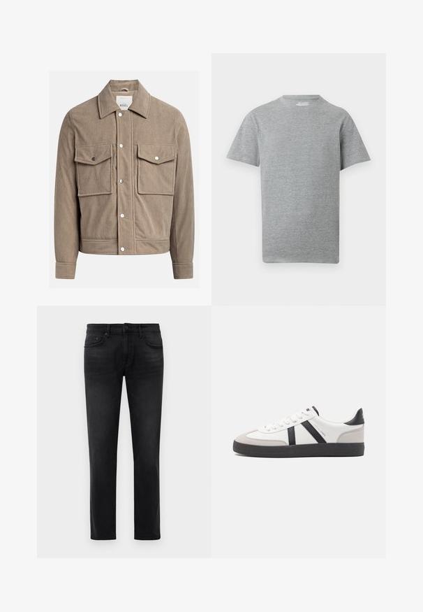 En tan corduroyjakke med knaplukning foran, to brystlommer og ribbet tekstur. Den har metaltrykknapper og en krave.; Simpel grå kortærmet t-shirt med rund hals og et lille hvidt "ONLY & SONS" mærke indeni kraven.; Sorte slim-fit jeans med fem lommer, bæltestropper og knaplukning, lagt fladt mod en hvid baggrund.; Hvide sneakers med sorte og grå detaljer, med en tekstureret grå tåhætte, sort gummisål og flade hvide snørebånd. Rent design, minimalistisk stil.
