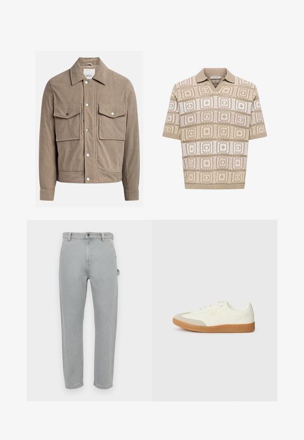 Veste en velours côtelé beige avec un devant à boutons, deux poches poitrine et une texture côtelée. Comprend des boutons-pression en métal et un col.; Polo en maille beige à manches courtes avec motifs géométriques carrés et losanges en beige et blanc, col et poignets côtelés.; Jean en denim gris clair à coupe droite. Dispose d'une taille classique, de cinq poches et d'une légère décoloration pour plus de texture.; Baskets en cuir blanc avec une coque beige et une semelle en caoutchouc marron clair. Dotées de lacets blancs plats et d'un logo embossé sur le côté.