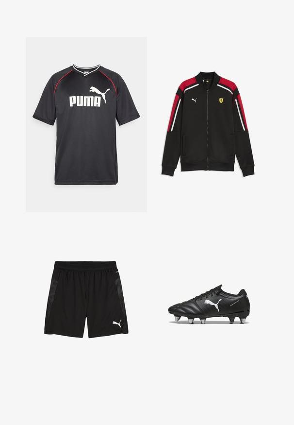 Sort lynlåstrøje med røde og hvide striber på skuldre og ærmer, med Puma-logo og Ferrari-skjold på brystet.; Sort Puma sportstrøje med korte ærmer, hvidt logo, røde detaljer langs skuldrene og v-udskæring. Fremstillet af letvægtsmateriale.; Sorte sports shorts med elastisk talje, med sidelommer og et struktureret panelmønster i mørkegrå. Hvidt logo accent.; Sorte fodboldstøvler med tekstureret materiale, hvidt Puma-logo, snørebåndslukning og metalstifter for godt greb. Designet understreger ydeevne og støtte.