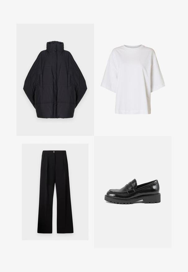 Henrik Vibskov DUVET - Manteau d'hiver - black; T-shirt blanc à manches courtes, coupe ample, épaules tombantes et col rond sur un fond uni.; Pantalon noir taille haute à jambes larges avec plis devant, passants de ceinture et fermeture par bouton à la taille.; Mocassin en cuir verni noir avec un bout structuré, une sangle décorative sur le devant, et une semelle épaisse et robuste. Fini lisse et brillant.