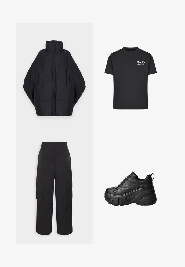 Henrik Vibskov DUVET - Vinterfrakke - black; Sort bomulds T-shirt med rund hals. Har hvid tekst, inklusive japanske tegn og "Slurp Away," på venstre brystområde.; SOMETHINGNEW SNNAOMI PANT - Cargobukser - black; Sorte plateau sneakers med en buet form, tekstureret læder, tyk gummisål og dekorativ hardware på snørerne.