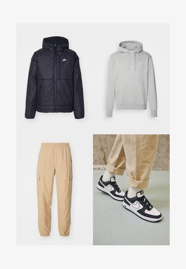 Chaqueta acolchada negra de Nike con cremallera frontal y capucha. Presenta un logo blanco en el lado izquierdo del pecho y dos bolsillos frontales. Textura exterior suave.; Sudadera de felpa gris con un bolsillo tipo canguro en la parte frontal, capucha con cordón y logotipo blanco en el pecho. Presenta puños y dobladillo acanalados.; Pantalones cargo beige hechos de una tela ligera, con una cinturilla elástica, dos bolsillos laterales y puños elásticos en los tobillos.; Zapatillas Nike Air Force 1 en blanco y negro con parte superior de cuero, puntera perforada y detalle de suela texturizada, combinadas con pantalones beiges remangados y calcetines blancos.
