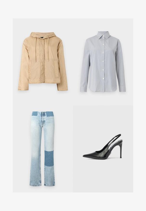 Beige värinen kevyt hupullinen takki, jossa pitkät hihat, etutaskut, kiristysnauhat ja piilotettu etukiinnitys.; Pitkähihainen vaaleanharmaa paita, jossa ohuet pystysuorat valkoiset raidat, napitettu edusta, teräväkaulus ja sopivat kalvosimet yksivärisellä taustalla.; Vaaleansiniset farkut, joissa on leveät lahkeet ja tummansininen kontrastipatch jokaisessa lahkeessa. Korotettu vyötärö ja ommellut yksityiskohdat saumoissa.; Musta kiiltävä nahkainen slingback-korkokenkä, terävä kärki, sivuiltaan leikattu ja kapea korko. Kiiltävä pinta, jossa vain vähän koristereunoja.