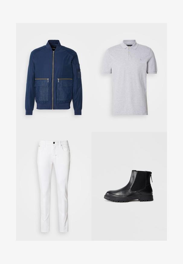 Marine bomberjack met een rits aan de voorkant, denim accenten op twee voorzakken en een gaaszak op de linkermouw. Textuurstof.; Grijze polo met korte mouwen en een klassieke kraag, voorzien van twee gouden knopen en een klein geborduurd logo op de borst. Soepele katoenstof.; Witte denim jeans met een rechte pijpdesign, klassieke vijf-pocket stijl, metalen knoopsluiting en subtiele stikseldetails.; Zwarte leren enkelboot met een gladde afwerking, elastische mesh zijkanten en een robuuste zool met een zichtbaar profiel.