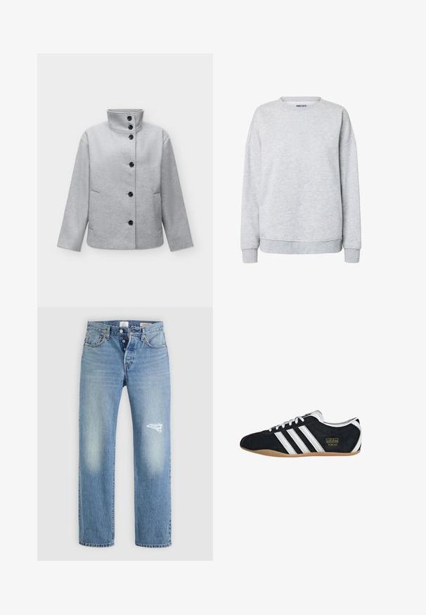Veste en laine gris clair avec six boutons noirs, col montant, manches longues et deux poches latérales.; Sweat-shirt gris clair à col rond avec manches longues et poignets et bas en côtes, design simple sans graphismes ni texte.; Jean en denim bleu clair avec une coupe décontractée, présentant un patch déchiré sur la cuisse droite, cinq poches et une fermeture à bouton en métal.; Sneakers en suede noir avec trois bandes blanches, logo doré et semelle en caoutchouc marron. Présente un design à lacets à profil bas.