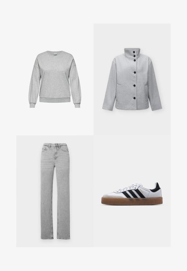 Veste en laine gris clair avec six boutons noirs, col montant, manches longues et deux poches latérales.; Sweat-shirt gris en mélange de coton, avec un col rond, des manches longues bouffantes, et des bord-côtes au niveau des poignets et de l'ourlet.; Jean denim gris clair à jambes droites avec bouton et fermeture éclair à l'avant, passants de ceinture et design cinq poches.; Baskets en cuir blanc avec des rayures noires, semelle extérieure en caoutchouc beige, bout rond, fermeture lacée et embout en suède gris doux.