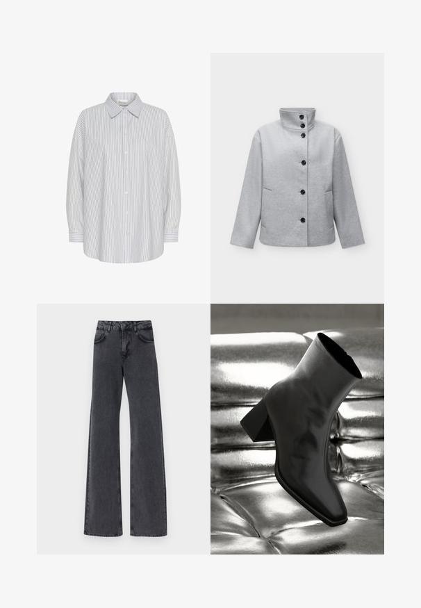 Veste en laine gris clair avec six boutons noirs, col montant, manches longues et deux poches latérales.; Chemise blanche à boutons avec de fines rayures verticales bleu marine, manches longues et col pointu. Présente une coupe décontractée et aucun motif visible.; Jean flare en denim noir avec taille haute, présentant deux poches avant et des détails de couture subtils le long des coutures.; Botte noire à la cheville en matériau brillant avec un bout carré et un talon effilé, sur un fond argenté brillant et capitonné.