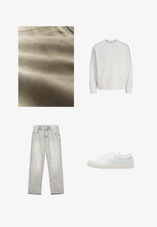 Beiger Stoff mit einer weichen, strukturierten Oberfläche und dezentem Glanz, der glatte Falten und ein gleichmäßiges Muster zeigt.; Hellgraues Sweatshirt mit Rundhalsausschnitt und langen Ärmeln, mit gerippten Bündchen und Saum, aus weichem Stoff gefertigt.; Hellgraue Jeans aus Denim mit leicht gefärbtem Finish, geradem Schnitt, fünf Taschen-Design und ausgefranstem Saum. Flacher Bund mit Gürtelschlaufen.; Weiße Leder-Sneaker mit glatter Textur, runder Zehenpartie, Schnürverschluss und flacher Gummisohle. Minimalistisches Design ohne sichtbare Muster.
