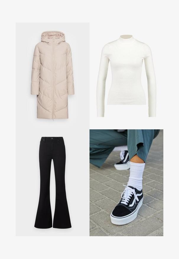 Beige pufferjack met een capuchon, voorzien van een volledige rits aan de voorkant, een chevron-gestikte patroon en lange mouwen. Zacht, gladde textuur.; Geribbelde witte lange mouw turtleneck top met een fitted ontwerp en gladde textuur, voorzien van een hoge halslijn en slanke silhouet.; Zwarte high-waist flare jeans met knoopsluiting aan de voorkant en zakken, getoond op een witte achtergrond.; Zwarte suède sneaker met witte accenten en veters, uitgerust met een dikke witte zool en contrasterende stiksels, gecombineerd met een witte sok.