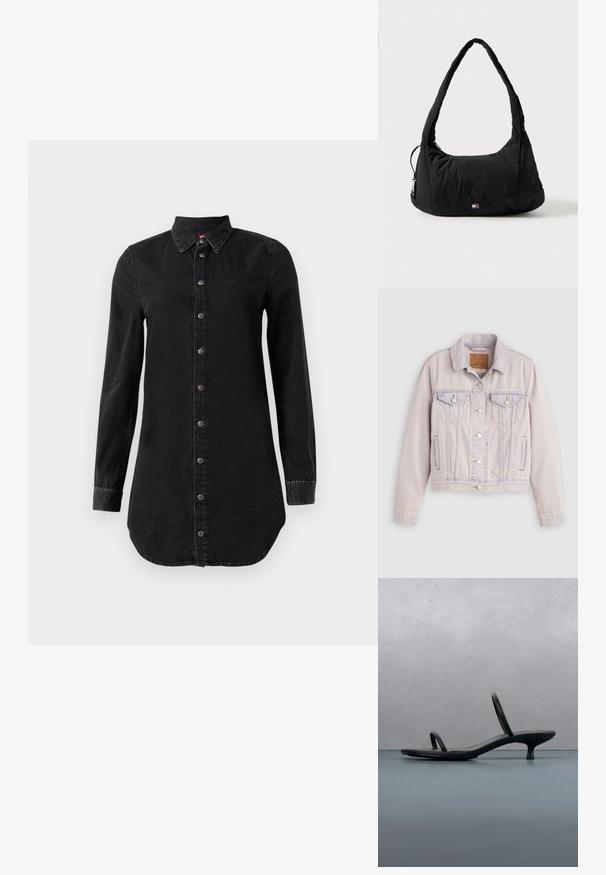 Lyseblå denimjakke med knaplukning foran, to brystlommer med klap, sidelommer og krave, lagt fladt på en grå baggrund.; Sort denim skjortekjole med lange ærmer, knaplukning foran og spidse krave, let buet kant og syede manchetter.; Sort Calvin Klein sandal med hæl og tynde stropper, balancerende på træfliser udendørs nær en væg og grønne planter.; Sort nylon skuldertaske med et buet håndtag, lynlåslomme og lille logo foran; puffet tekstur med en blød, rund form.