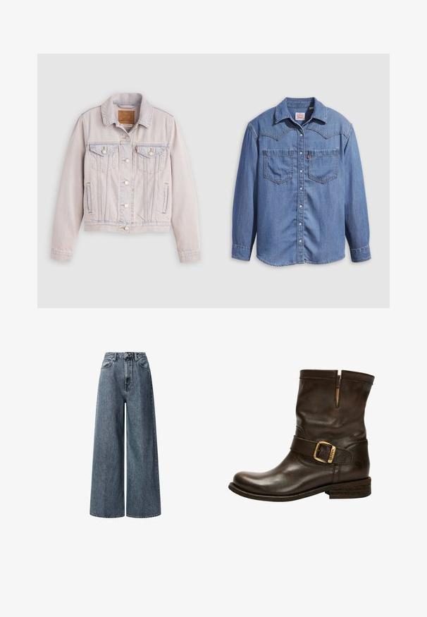 Chaqueta de mezclilla clara con cierre de botones al frente, dos bolsillos con solapa en el pecho, bolsillos laterales y cuello, colocada sobre un fondo gris.; Camisa de mezclilla azul claro con cuello puntiagudo, dos bolsillos en el pecho y botones a presión. Presenta un diseño de canesú estilo occidental.; Jeans de pierna ancha y talle alto en denim azul oscuro. Cuenta con bolsillos frontales clásicos, presillas para cinturón y cierre con cremallera y botón de metal.; Botín de cuero marrón hasta el tobillo con punta redondeada, detalle de hebilla lateral, acentos de costura y un tacón bajo apilado. Presenta una textura distintiva.