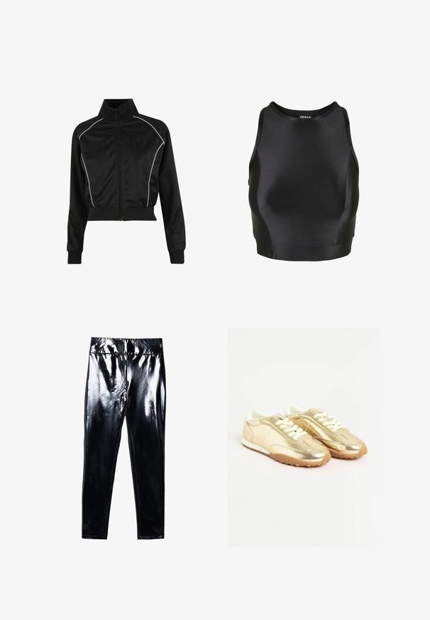 Sort træningsjakke med lynlås, høj krave, hvide piping langs skuldre og sider, ribbet talje og manchetter samt subtilt tekstureret mønster.; Sort ærmeløs crop top med rund halsudskæring og tætsiddende silhuet, lavet af glat, strækbart stof.; Sorte højglans leggings med en blank, glat overflade. Elastisk talje og tætsiddende design med en indsnævret benform.; Guldmetallic sneakers med en glat tekstur, hvide snørebånd og en gummiyderside med et prikket mønster. Detaljer i lys beige.