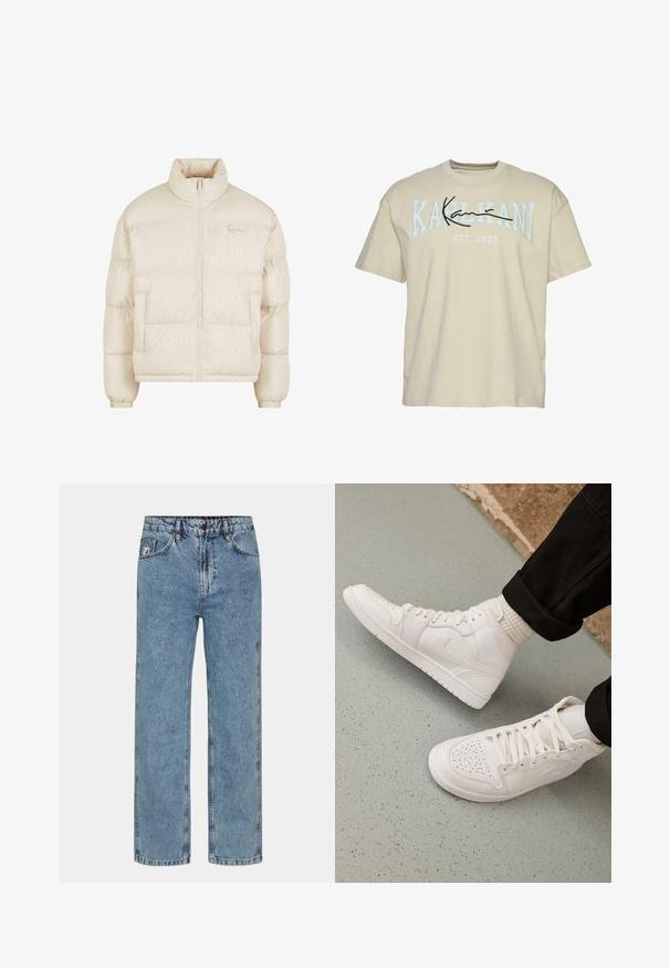 Chaqueta acolchada beige con cuello alto, cremallera frontal, bolsillos laterales, puños elásticos y un patrón sutil con un pequeño logo en el pecho.; Camiseta de algodón beige con cuello redondo, que presenta el texto "KARL KANI" en azul y negro en el pecho, con el año de fundación 1989 debajo.; Vaqueros de pierna recta de color azul claro en tejido de mezclilla, con cierre de botón, cinco bolsillos y costuras en contraste.; Zapatillas altas blancas hechas de cuero suave con puntera perforada, cierre de cordones y sutil detalle del logo en el lateral. Suela de goma texturizada.
