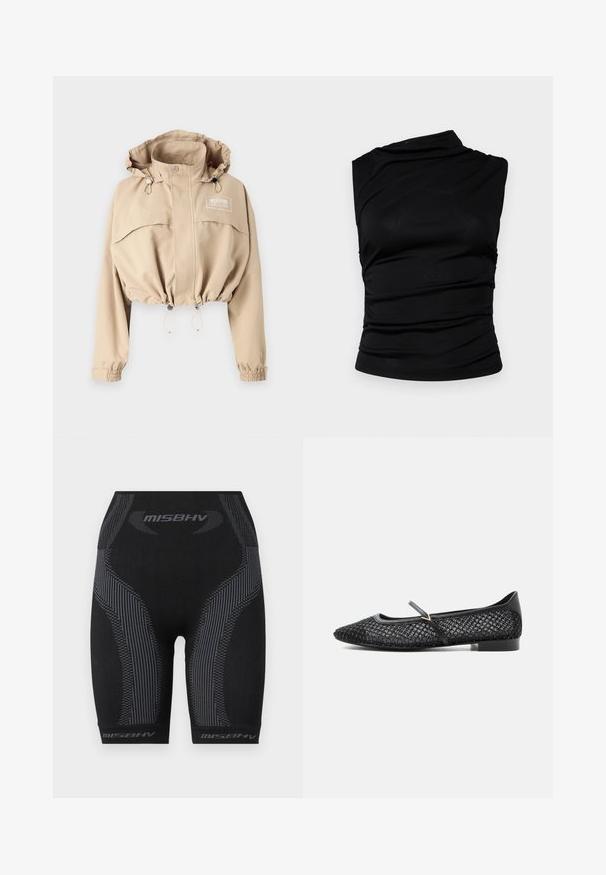 Beskåret beige jakke med justerbar hætte, elastisk bund og manchetter. Har en frontlomme og logo på brystet, lavet af letvægtsstof.; Sort ærmeløst top med asymmetrisk halsudskæring, der har samlet stof for tekstur og en tætsiddende silhuet. Glat, strækbart materiale.; Sorte atletiske shorts med en tætsiddende pasform, struktureret stof, lodrette grå striber og "MISBHV" logo ved kanten.; Sort flad Mary Jane-sko med et diamantmønster i mesh, enkelt rem med spænde og lav hæl mod en ensfarvet lys baggrund.