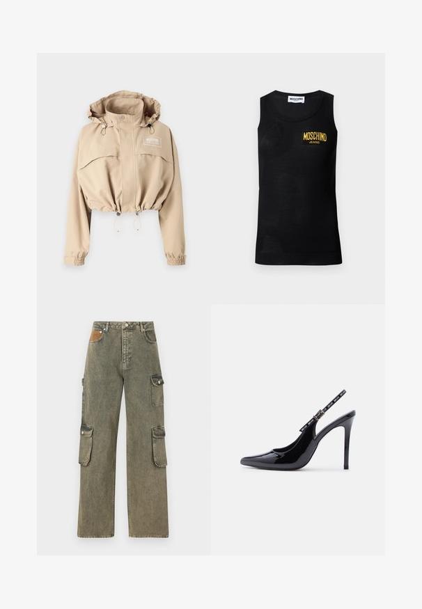 Chaqueta beige recortada con capucha ajustable, dobladillo elástico y puños. Presenta un bolsillo frontal y un logo en el pecho, fabricada con un tejido ligero.; Camiseta sin mangas negra con bordes acanalados y un parche con el logo amarillo "Moschino Jeans" en el pecho izquierdo.; Pantalones cargo en denim verde grisáceo, con cintura alta, piernas anchas, dos bolsillos cargo laterales y un parche texturizado beige en la parte frontal.; Zapato de tacón alto tipo slingback de charol negro con punta afilada y hebilla ajustable con marca sobre fondo blanco.
