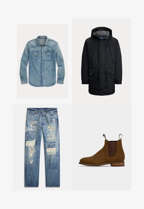 Parka noire isolée avec capuche, dotée de plusieurs poches avant, d'une fermeture éclair et d'un extérieur en nylon lisse. L'intérieur est doublé de gris.; Chemise en denim de couleur bleu clair, avec un col pointu, des manches longues, deux poches poitrine et des fermetures à bouton-pression. Design classique de style western.; Jean en denim bleu avec plusieurs patchs en tissu, éclaboussures de peinture et détails usés, doté d'une fermeture à bouton et à glissière.; Bottine Chelsea en daim marron avec panneaux latéraux élastiques, languettes à l'avant et à l'arrière, et un talon en bois empilé.