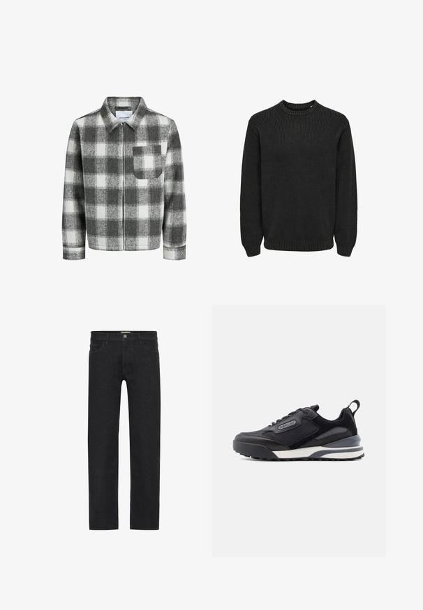 Herre sort/hvid ternet fleecejakke med krave, fuld frontlynlås og venstre brystlomme fra Jack & Jones.; Only & Sons Knitted ONSROSU - Striktrøje - black; Sorte lige ben jeans lavet af denim, der har en knaplukning i taljen, fem lommer og et minimalistisk design uden synlige mønstre.; Sort sneaker med en overdel i mesh og ruskind, teksturerede detaljer, en polstret sål og et reflekterende logodetalje.