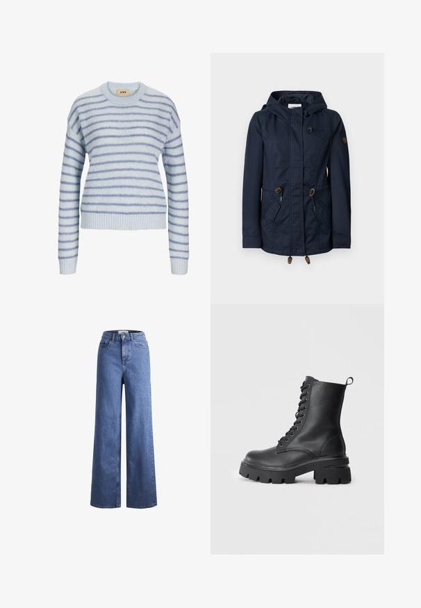 Marineblaue Kapuzenjacke mit Frontreißverschluss, verstellbaren Kordeln an Taille und Saum, Reißverschlusstasche auf der Brust und Klappentaschen an den Seiten.; Hellblauer Strickpullover mit horizontalen Streifen in dunklerem Blau. Verfügt über einen runden Ausschnitt sowie gerippte Bündchen und Saum. Weiche Textur.; Helleblaue Denim-Weite-Leg-Jeans mit hoher Taille, zwei vorderen Taschen und sichtbarer Naht. Mit Knopf- und Reißverschluss.; Schwarze Leder Schnürstiefel mit einer kräftigen Sohle, runder Zehenpartie und strukturiertem Obermaterial. Verfügt über Metallösen und eine kleine Schlaufe an der Rückseite.