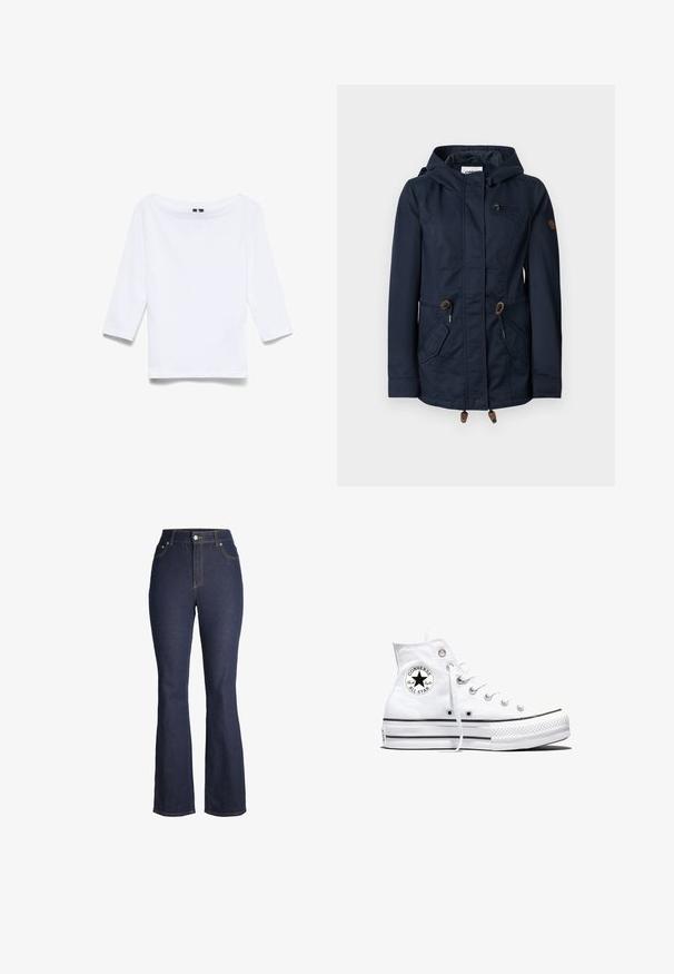 Chaqueta con capucha de color azul marino con cremallera frontal, cordones ajustables en la cintura y el dobladillo, bolsillo en el pecho con cremallera y bolsillos laterales con solapa.; Camisa blanca de manga tres cuartos hecha de una mezcla de algodón; presenta un amplio escote barco y una textura suave y ligera.; Vaqueros de mezclilla azul oscuro de tiro alto con botón y cremallera delanteros, bolsillos delanteros y perneras ligeramente acampanadas.; Zapatilla blanca de caña alta Converse Chuck Taylor All Star con parche de logo negro y cordones blancos, presentada sobre fondo blanco.