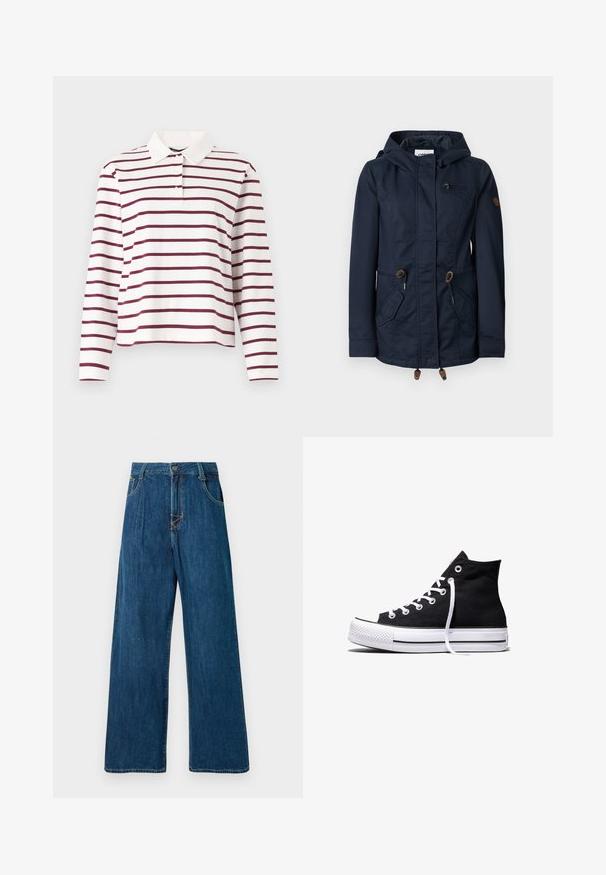 Veste à capuche bleu marine avec fermeture éclair frontale, cordons réglables à la taille et à l'ourlet, poche poitrine zippée et poches latérales à rabat.; Polo à manches longues en blanc avec des rayures horizontales bordeaux, doté d'un col classique et d'une fermeture à boutons. Matériau en coton doux.; Jean en denim à jambes larges, couleur bleu foncé, avec une fermeture à bouton, cinq poches et des détails de couture visibles. Texture lisse. Sans embellissements.; Baskets montantes en toile noire avec semelle en caoutchouc blanche et lacets blancs, vues de côté sur un fond blanc.