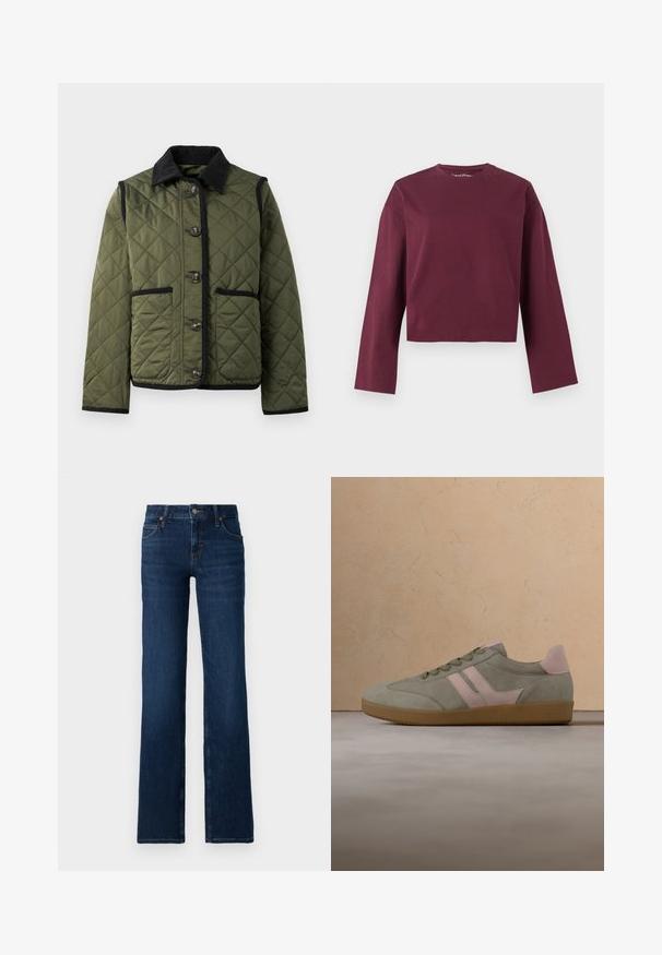 Groen doorgestikt jack met een zwarte corduroy kraag en bies, voorzien van vijf knopen aan de voorkant en twee zijzakken.; Donkere bordeauxrode cropped top met lange mouwen, een ronde hals en een losse pasvorm, weergegeven op een effen lichte achtergrond.; Donkerblauwe wijde jeans gemaakt van denim. Beschikt over een gestikt tailleband, vijf zakken en een ritssluiting met een metalen knoopsluiting.; Groene suède sneaker met roze accenten, afgeronde neus, plat veterontwerp, rubberen zool en twee horizontale strepen in lichtroze.