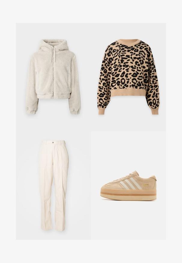 Sudadera recortada con cremallera hecha de suave forro polar de color beige claro. Presenta una capucha, puños elásticos y dos bolsillos laterales. Textura suave con un aspecto acogedor.; Jersey beige de manga larga con estampado de leopardo negro, cuello redondo, puños y bajo acanalados.; Pantalones beige de pierna recta fabricados en una mezcla de algodón. Presentan dos bolsillos frontales, un cierre de botón y detalles de costura visibles.; Zapatillas de plataforma de ante beige con tres rayas blancas, punta redonda y suela de goma beige que presenta un acento de logo dorado en el lateral.