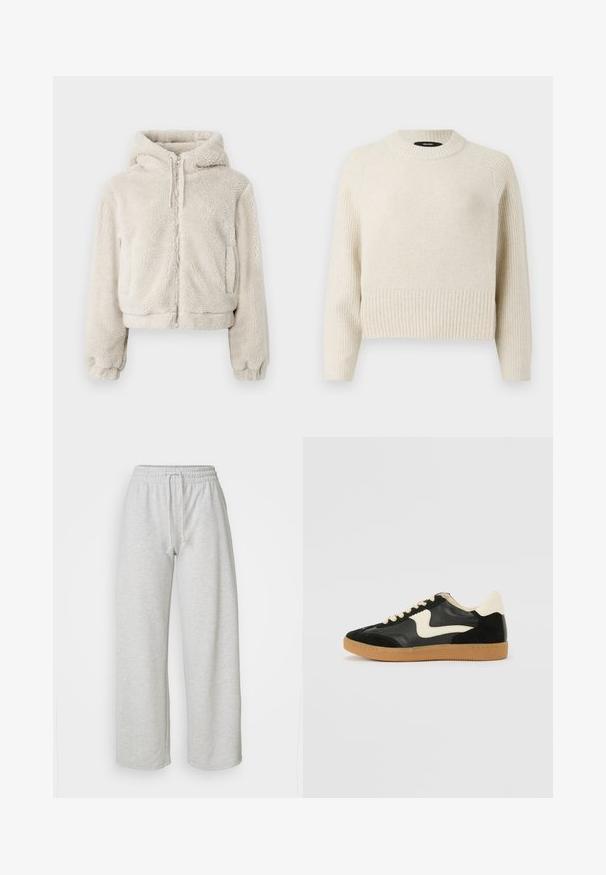 Afkortet zip-hoodie lavet af blød, lys beige fleece. Har en hætte, elastiske cuffe og to sidelommer. Blød tekstur med et hyggeligt udseende.; Lys beige strikket sweater med ribkant og tekstureret krop. Har rund hals og lange ærmer med en afslappet pasform.; Even&Odd Petite Træningsbukser - mottled light grey; Sorte ruskinds- og lædersneakers med en cremefarvet side-swoosh og lys cremefarvet hæl. Har beige snørebånd og en gummirubber-sål.
