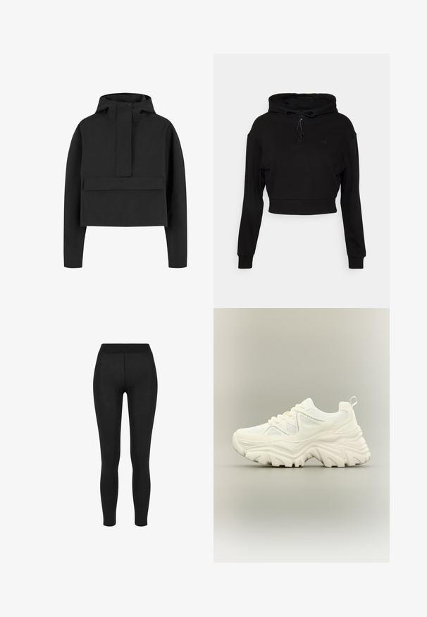 Chaqueta negra corta con capucha, que cuenta con un bolsillo frontal y un cierre a presión. Está hecha de una tela suave con un diseño minimalista.; Even&Odd active by Zalando Jersey con capucha - black; Leggings negros con una tela suave, cintura alta, diseño ajustado y sin costuras visibles, adecuados para uso casual o deportivo.; Zapatilla blanca gruesa con suela gruesa y texturizada, paneles de malla, cierre de cordones en la parte delantera y tira en el talón sobre un fondo neutro.