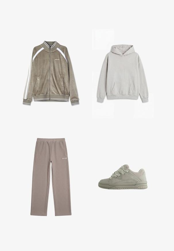 Veste zippée en velours côtelé de couleur brun discret avec des accents blancs. Dotée d'un col côtelé, de poches latérales et de rayures verticales sur les manches.; Sweat à capuche gris clair avec poche kangourou à l’avant, poignets et ourlet côtelés, et petit logo brodé sur la poitrine.; Pantalon en maille côtelée taupe avec taille élastique, poches latérales, jambes larges et logo blanc "PEGADOR" sur la hanche droite.; Baskets basses grises avec de larges lacets texturés, col rembourré, panneaux cousus et semelle en caoutchouc rainurée pour une meilleure adhérence.