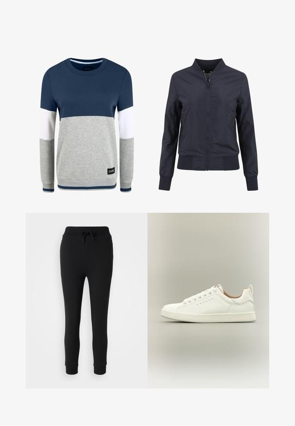 Námornícky modrá bomber bunda vyrobená z ľahkého, hladkého materiálu. Obsahuje zips na prednej strane, rebrovaný golier a manžety na rukávoch. Jednoduchý, minimalistický dizajn.; Oxmo OMAYA - Mikina - insignia blue; Even&Odd Petite Tepláky - black; Biely nízky teniska s šnúrkami, perforovanými bočnými detailmi a sťahovacou pútkom na päte, na neutrálnom pozadí.