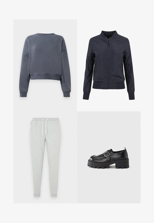 Chaqueta bomber azul marino hecha de un tejido ligero y suave. Cuenta con cierre de cremallera en el frente, cuello acanalado y mangas con puños. Diseño simple y minimalista.; Sudadera gris cortada hecha de una tela suave, con un cuello redondo, puños acanalados y un ligero patrón de textura en la parte delantera.; Pantalones tipo sudadera grises hechos de tela suave, con cintura ajustable con cordón, puños elásticos y bolsillos laterales para mayor funcionalidad.; Zapatos de plataforma de cuero negro con punta redonda, un amplio detalle de hebilla en el lateral y suela de goma texturizada.