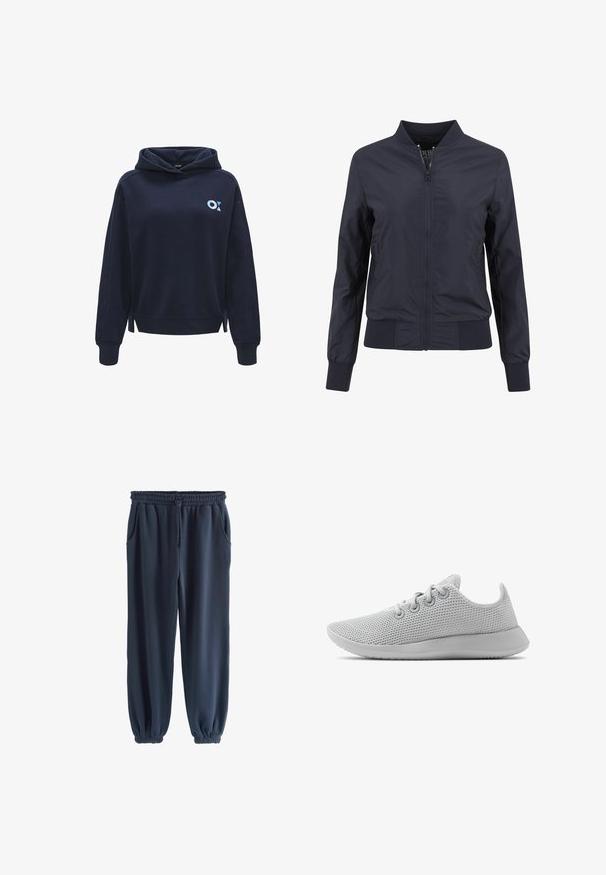 Marineblaues Bomberjacke aus leichtem, glattem Stoff. Mit Reißverschluss vorne, geripptem Kragen und hochgestellten Ärmeln. Einfaches, minimalistisches Design.; Dunkelblaues Kapuzen-Sweatshirt aus weichem Stoff, mit einem kleinen hellblauen Logo auf der linken Seite und Schlitzen an dem Saum.; Dunkelblaue Sweatpants aus weichem Material, mit einem elastischen Bund und Kordelzug, seitlichen Taschen und elastischen Bündchen an den Knöcheln.; Allbirds TREE RUNNER - Sneaker low - light grey light grey sole