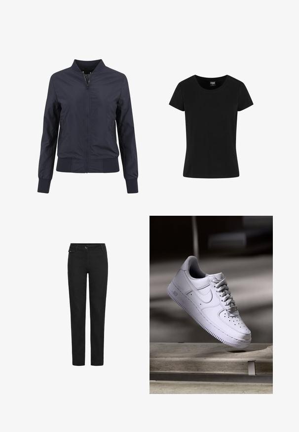 Ναυτικό μπλε bomber jacket από ελαφρύ, λείο ύφασμα. Διαθέτει φερμουάρ μπροστά, ριμπ λαιμό και μανίκια με ρέλι. Απλός, μινιμαλιστικός σχεδιασμός.; Μαύρο κοντομάνικο μπλουζάκι φτιαγμένο από βαμβάκι, με στρογγυλή λαιμόκοψη και απλό σχέδιο χωρίς διακοσμητικά στοιχεία.; Μαύρο παντελόνι ίσων ποδιών με κλείσιμο κουμπιού, θηλιές ζώνης και μικρή τσέπη με καπάκι στη δεξιά πλευρά κοντά στη μέση.; Λευκό αθλητικό παπούτσι Nike Air Force 1 να αιωρείται πάνω από μια επιφάνεια από σκυρόδεμα με σκιές σε ένα μινιμαλιστικό περιβάλλον.