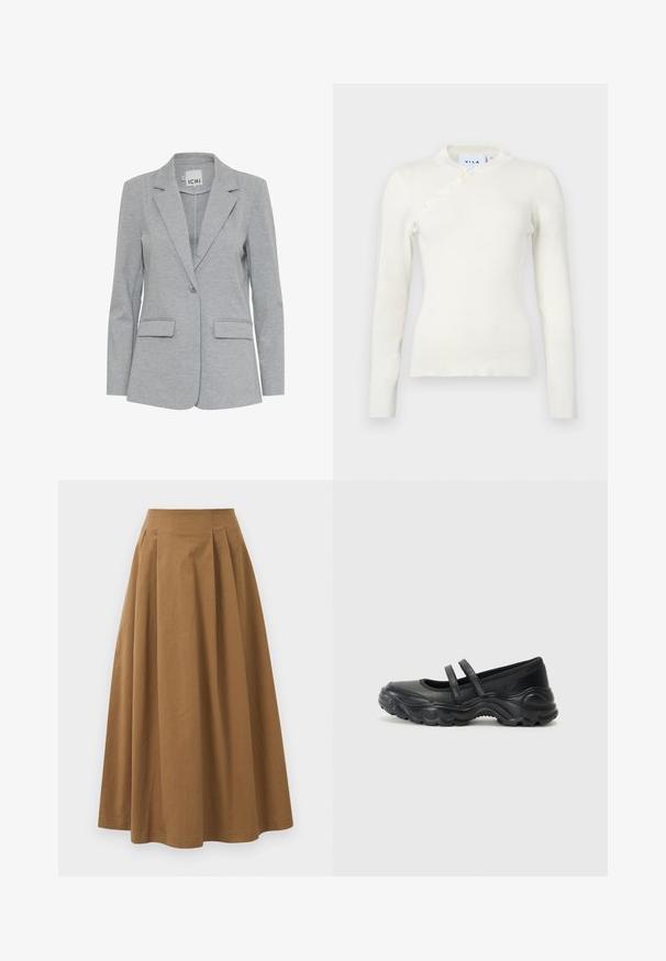 Grijze op maat gemaakte blazer van zachte stof. Voorzien van een geklede kraag, enkele knoopsluiting en twee voorkruiszakken.; Witte lange mouwen trui met een hoge halslijn, voorzien van een geribbelde textuur en decoratieve knopen langs de zijnaad.; Bruine katoen A-lijn rok met een hoge taille, voorzien van plooien aan de voorkant en een gladde textuur. De zoomafwerking is schoon en eenvoudig.; Zwarte leren mary jane flats met twee verstelbare straps, een ronde neus en een gestructureerde rubberen zool voor extra grip.