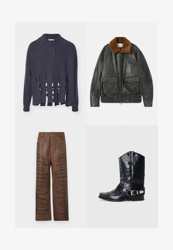 Veste en cuir noir avec un col en fausse fourrure marron, fermeture éclair, ourlet élastiqué et deux poches plaquées à l'avant. Texture lisse et coupe décontractée.; Pull tricoté bleu marine foncé avec des fentes horizontales ouvertes à l'ourlet, col et poignets côtelés. Il présente une coupe décontractée et un matériau texturé.; Pantalons en simili cuir marron avec une finition texturée, dotés de découpes horizontales allongées le long des côtés et d'un design à jambes droites.; Botte de cowboy en cuir noir avec un bout pointu, une tige haute, des coutures décoratives et une quincaillerie en argent sur la sangle. Fini texturé.