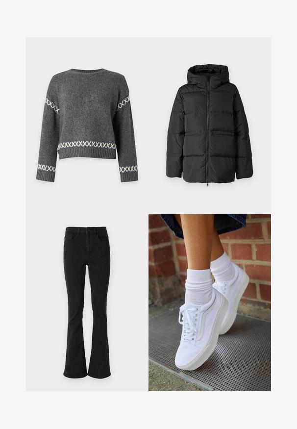 Sort pufferjakke med hætte, lynlås foran og vandret syninger til isolering. Glat tekstur med en firkantet form.; Mørkegrå strikket sweater med hvide korssting mønstre på ærmerne og nær taljen, med rund halsudskæring og ribstrikkede ærmegab og kant.; Sorte denim flare jeans med høj talje, der har fem lommer og en robust knaplukning. Glat tekstur med let stræk.; Hvide lærreds sneakers med gummisåler, der har seks snørehuller, rund tå og let sømdetaljer, krydret med hvide ankelstrømper.
