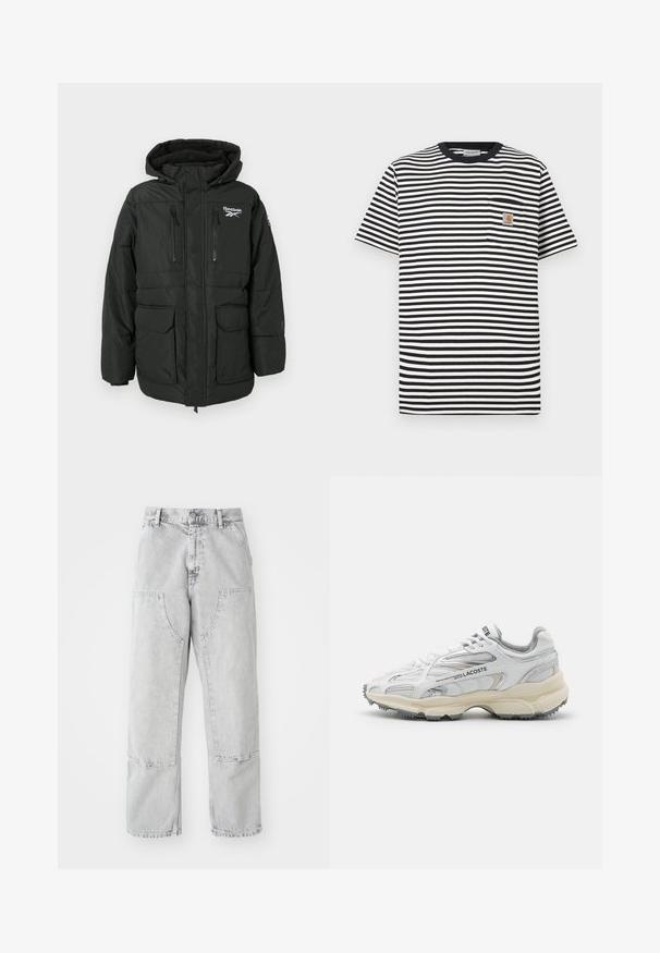 Sort polstret jakke med hætte, der har et logo på brystet, to lynlåslommer på brystet og to store forsætlommer med klap.; Sort-hvidt stribet t-shirt med rund hals, korte ærmer og venstre brystlomme med logo-patch. Blødt bomuldstof.; Lys grå denim bukser med en løs pasform, der har store sidelommer, synlige sømme og et lige ben design. Bæltestropper i taljen.; Hvide sportssko med grå detaljer, overdel i mesh og syntetiske materialer, snørebåndsdesign og tekstureret gummisål med grebemønstre.