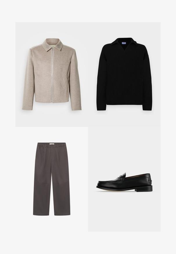Lysebeige zip-up jakke med krave, fremstillet i en glat, tekstureret stof med diskrete broderede detaljer på kraven.; Sort ribbet sweater med V-hals og krave, med lange ærmer og en afslappet pasform, lavet af et blødt strikmateriale.; Grå, vide bukser lavet af glat stof, med knaplukning og to sidelommer. Simpelt, rent design uden synlige mønstre.; Sort læder herre loafer med lav hæl og mokkasinsyning på tåen, vist fra siden på en ensfarvet baggrund.