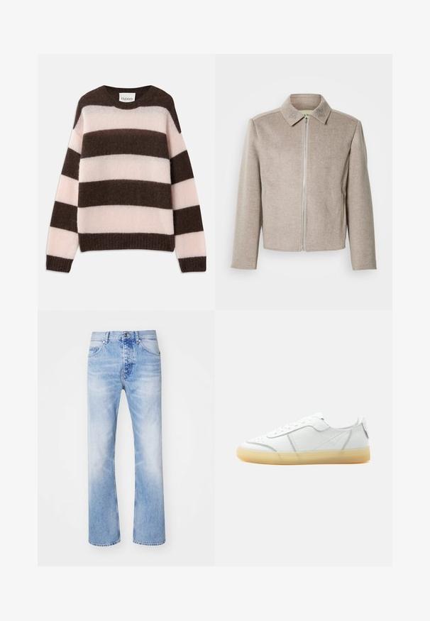 Svetlobéžová bunda na zips s golierom, vyrobená z hladkej, textúrovanej tkaniny s jemnými vyšívanými detailmi na golieri.; CLOSED STRIPE CREW NECK JUMPER - Svetrík - espresso brown; Svetlomodré denimové nohavice s rovnými nohavicami, pričom majú klasický päť-vreckový dizajn a jemný vyblednutý vzor.; Biela nízka kožená teniska s béžovou priehľadnou podrážkou, šnurovaním vpredu a minimálnymi švami, zobrazená z boku na jednoduchom pozadí.