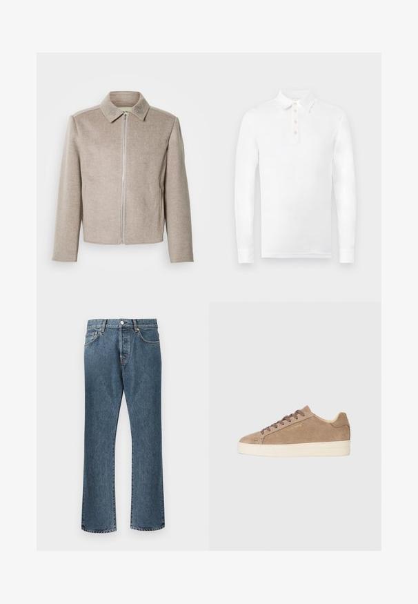 Hellbeige Jacke mit Reißverschluss und Kragen, aus einem glatten, strukturierten Stoff mit dezenten Stickakzenten am Kragen.; Weißes Langarm-Poloshirt mit klassischem Kragen und vier beigen Knöpfen entlang der vorderen Knopfleiste.; Blaue Denim-Jeans mit geradem Bein, ausgestattet mit einem klassischen Knopf- und Reißverschluss, fünf Taschen und dezenten Ausbleichungen.; Beige Wildlederschuh mit runder Zehenpartie, cremefarbener Gummisohle und braunen Schnürsenkeln. Verfügt über ein prägendes Markenlogo an der Seite und ein strukturiertes Material.