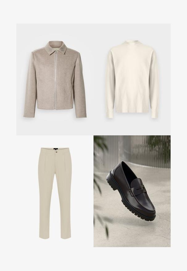 Lichtbeige jas met ritssluiting en kraag, uitgevoerd in een glad, gestructureerd materiaal met subtiele geborduurde details op de kraag.; Langsleeve, shirt met hoge kraag van lichtroom katoen. Gladde textuur, relaxed fit, minimalistisch ontwerp, geen zichtbare patronen of accenten.; Beige op maat gemaakte broek met een gladde textuur, voorzien van een knoopsluiting, voorplooien en taps toelopende pijpen.; Bruine leren loafers met een getextureerde, geribbelde rubberen zool. Beschikt over een slank ontwerp en een decoratieve band over de wreef.
