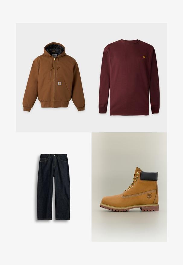 Veste marron à capuche avec fermeture éclair, poches avant, capuche à cordon et petit patch logo Carhartt sur la poche.; T-shirt à manches longues rouge foncé à col rond avec logo Carhartt jaune et rouge brodé sur la partie supérieure gauche de la poitrine.; Jean en denim bleu foncé à coupe droite avec couture jaune, poches avant et fermeture par bouton à la taille.; Bottine en cuir marron avec col noir, lacets jaunes et semelle beige. Présente un logo et des détails de couture blanche. Semelle extérieure à traction robuste.